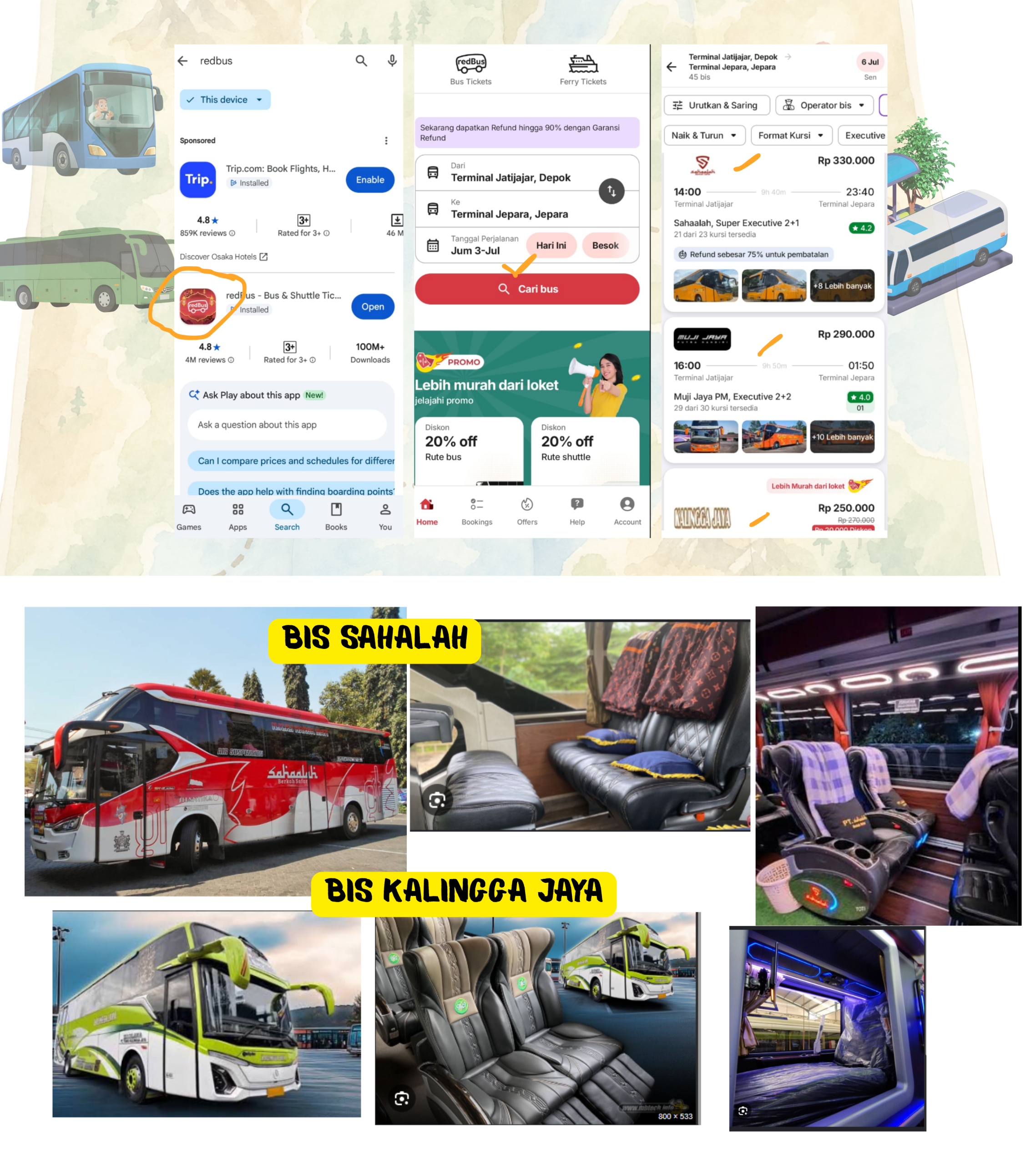 Review bus Sahalah vs Kalingga Jaya, rekomendasi sleeper bus / executive bus Jakarta-Jepara untuk turis ke Karimunjawa.