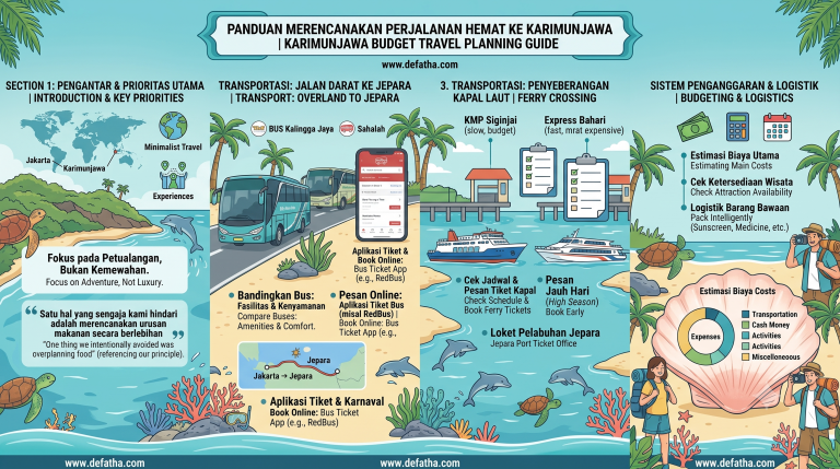 Infografis panduan merencanakan perjalanan hemat ke Karimunjawa | Karimunjawa budget travel planning guide system overland ferry booking logistics.