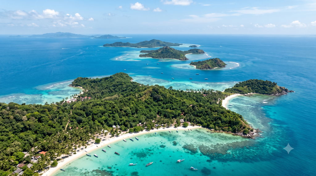 Pemandangan udara drone dari pantai berpasir putih Karimunjawa dan deretan pulau-pulau hijau di tengah laut biru jernih untuk foto homepage.